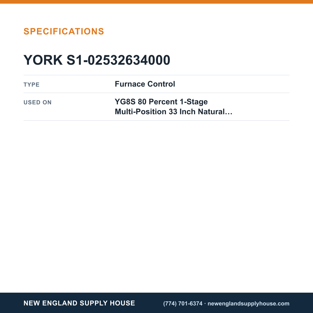 York Parts S1-02532634000 Gas Furnace Control specifications — New England Supply House [NESH-SPECTABLE-V1]