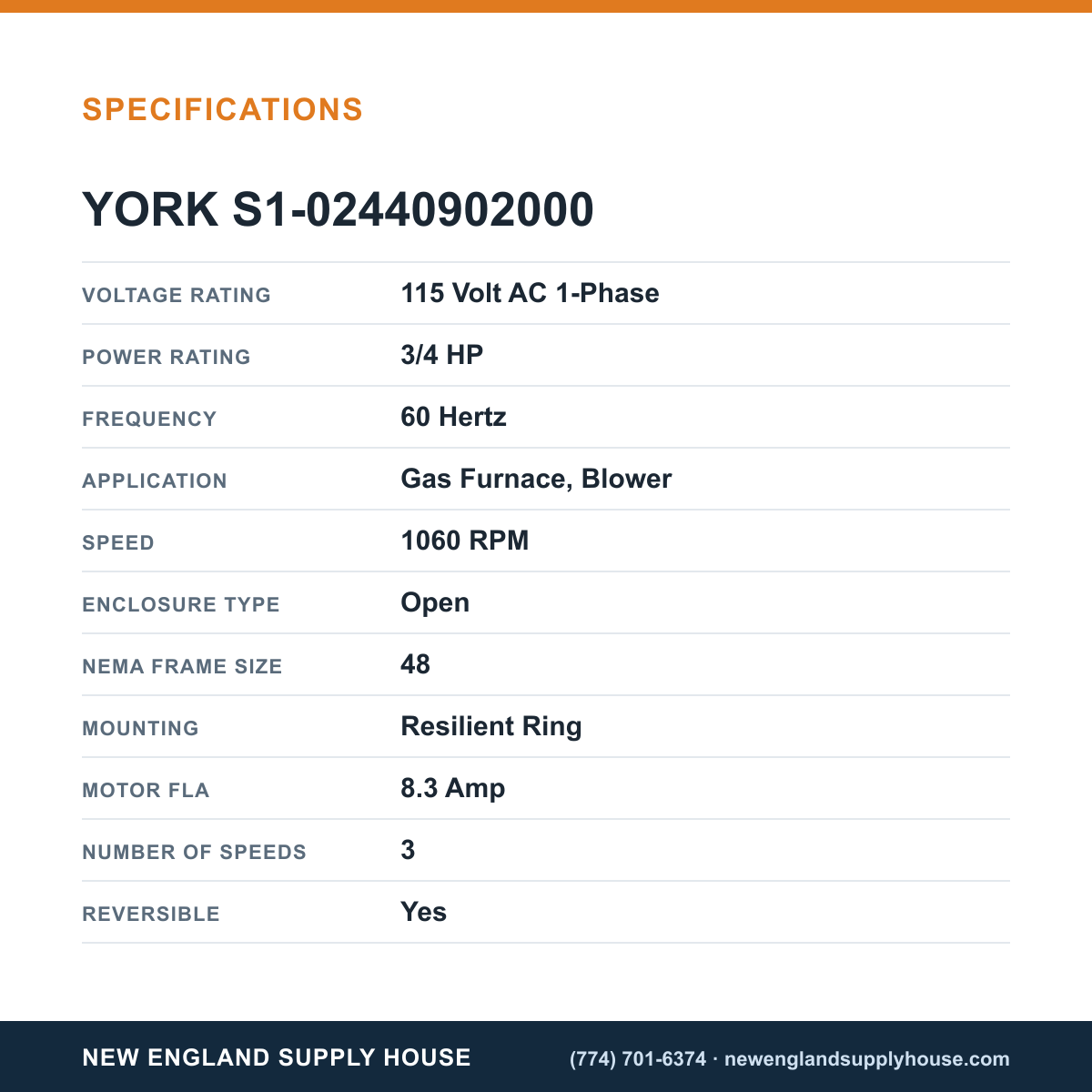 York Parts S1-02440902000 Gas Furnace Direct Drive Blower Motor specifications — New England Supply House [NESH-SPECTABLE-V1]