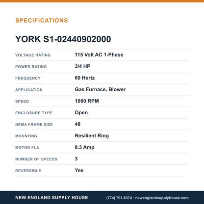 York Parts S1-02440902000 Gas Furnace Direct Drive Blower Motor specifications — New England Supply House [NESH-SPECTABLE-V1]
