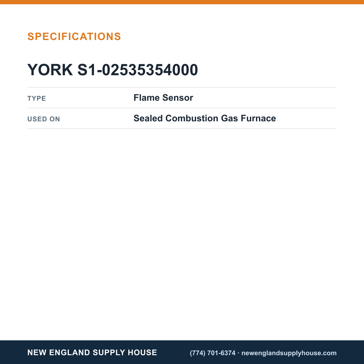York Parts S1-02535354000 Gas Furnace Flame Sensor specifications — New England Supply House [NESH-SPECTABLE-V1]