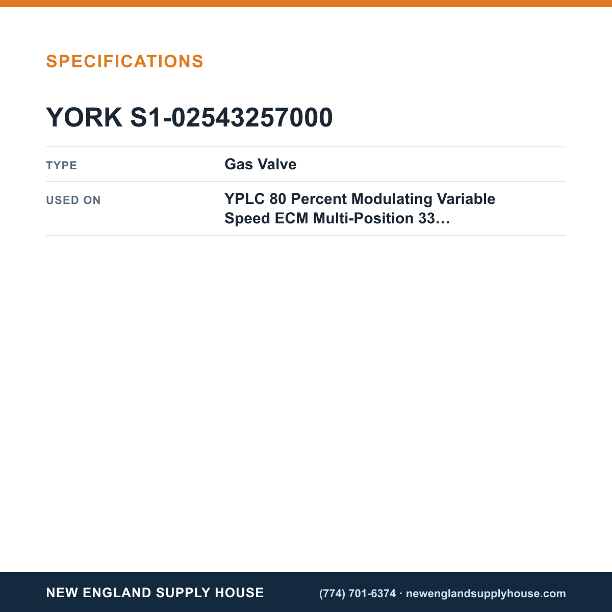 York Parts S1-02543257000 Gas Furnace Gas Valve specifications — New England Supply House [NESH-SPECTABLE-V1]