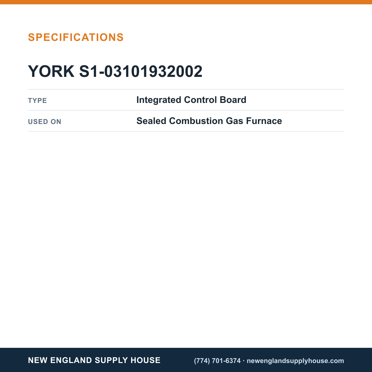 York Parts S1-03101932002 Gas Furnace Integrated Control Board specifications — New England Supply House [NESH-SPECTABLE-V1]
