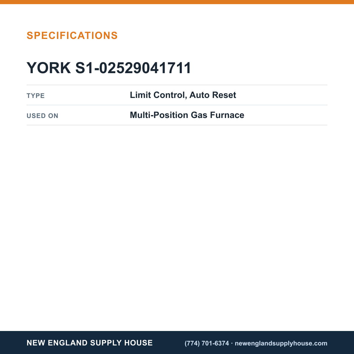 York Parts S1-02529041711 Gas Furnace Limit Control specifications — New England Supply House [NESH-SPECTABLE-V1]