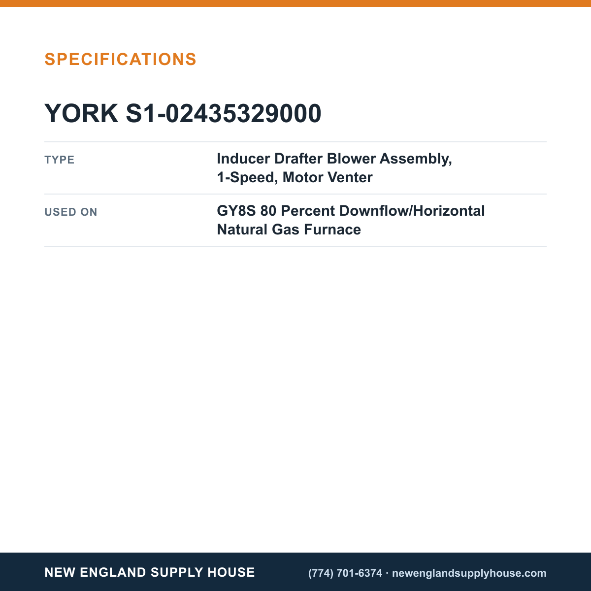York Parts S1-02435329000 Gas Furnace Motor Venter Inducer Drafter Blower Assembly specifications — New England Supply House [NESH-SPECTABLE-V1]