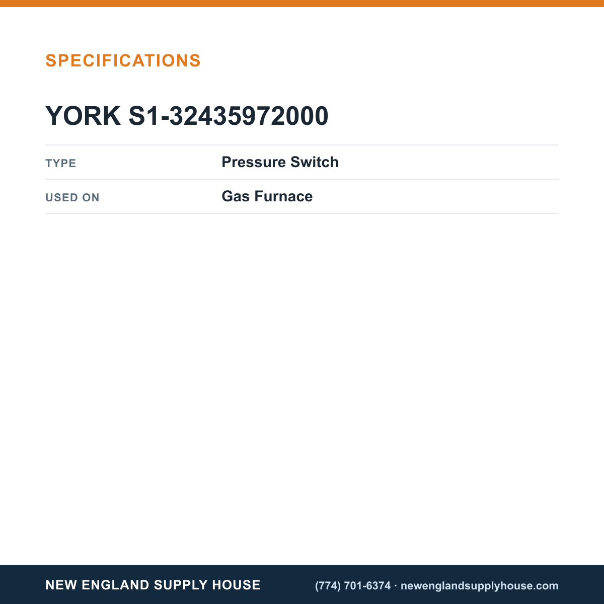 York Parts S1-32435972000 Gas Furnace Pressure Switch specifications — New England Supply House [NESH-SPECTABLE-V1]