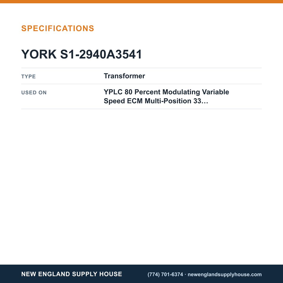 York Parts S1-2940A3541 Gas Furnace Transformer specifications — New England Supply House [NESH-SPECTABLE-V1]