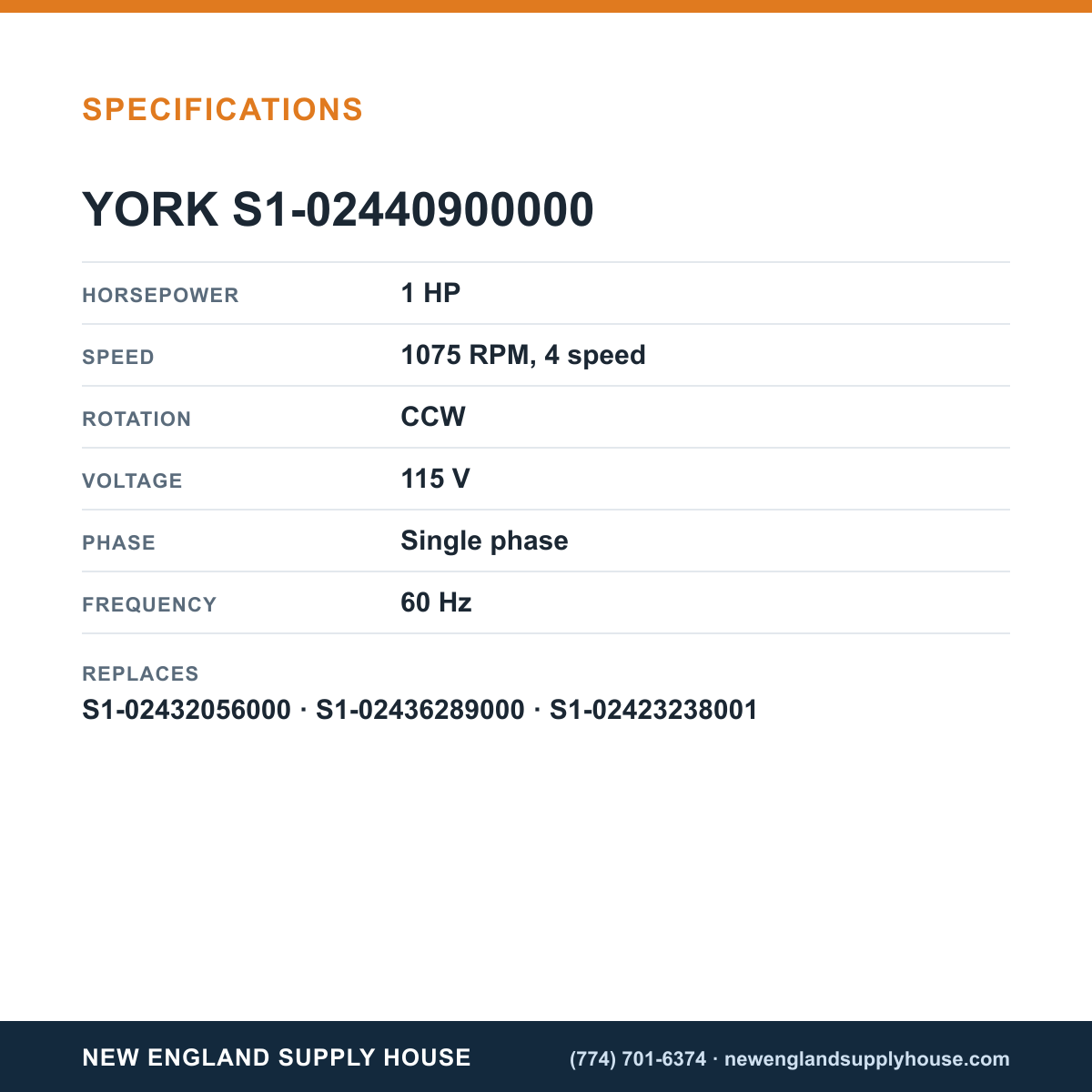 York Parts S1-02440900000 Blower Motor specifications — New England Supply House [NESH-SPECTABLE-V1]