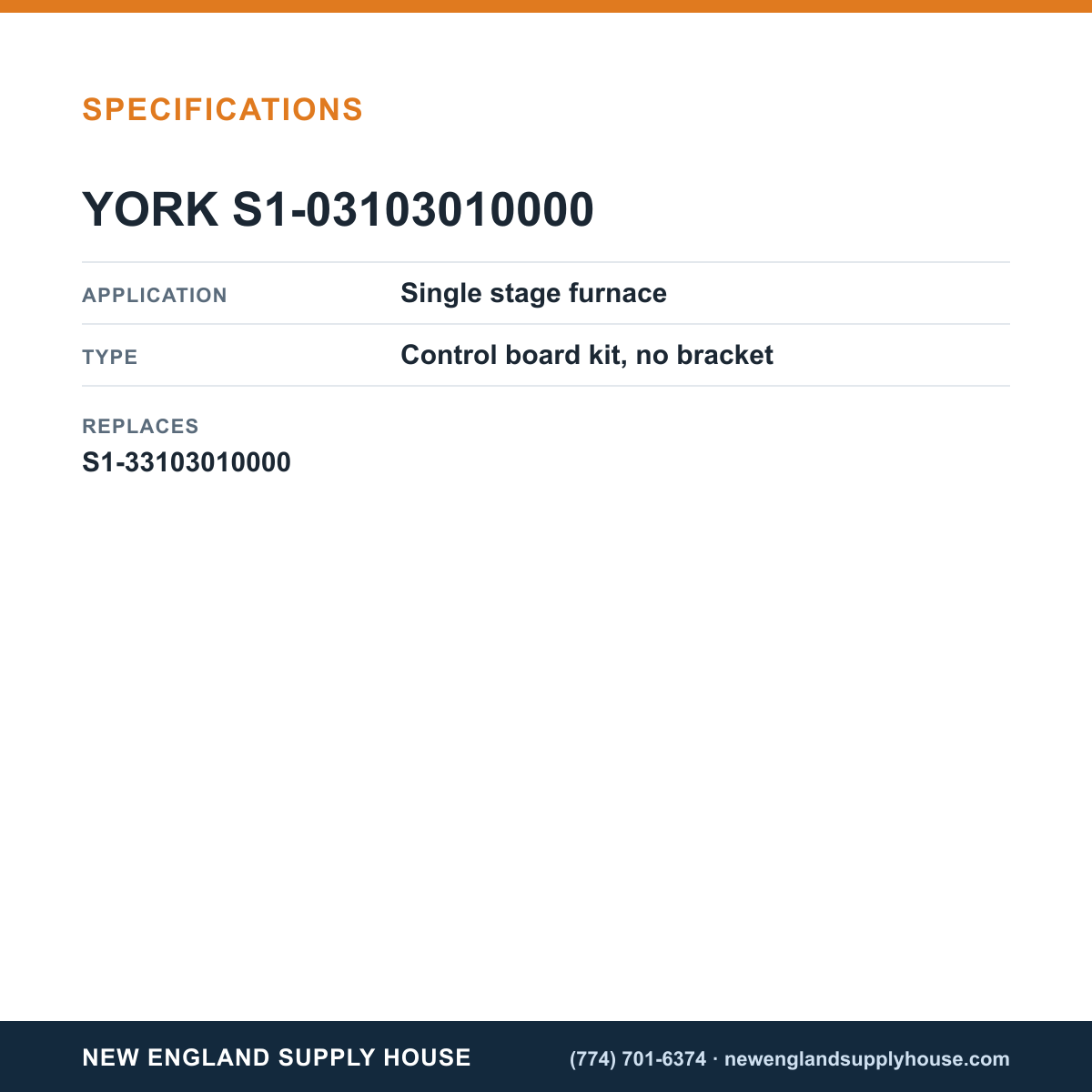 York Parts S1-03103010000 Control Board specifications — New England Supply House [NESH-SPECTABLE-V1]