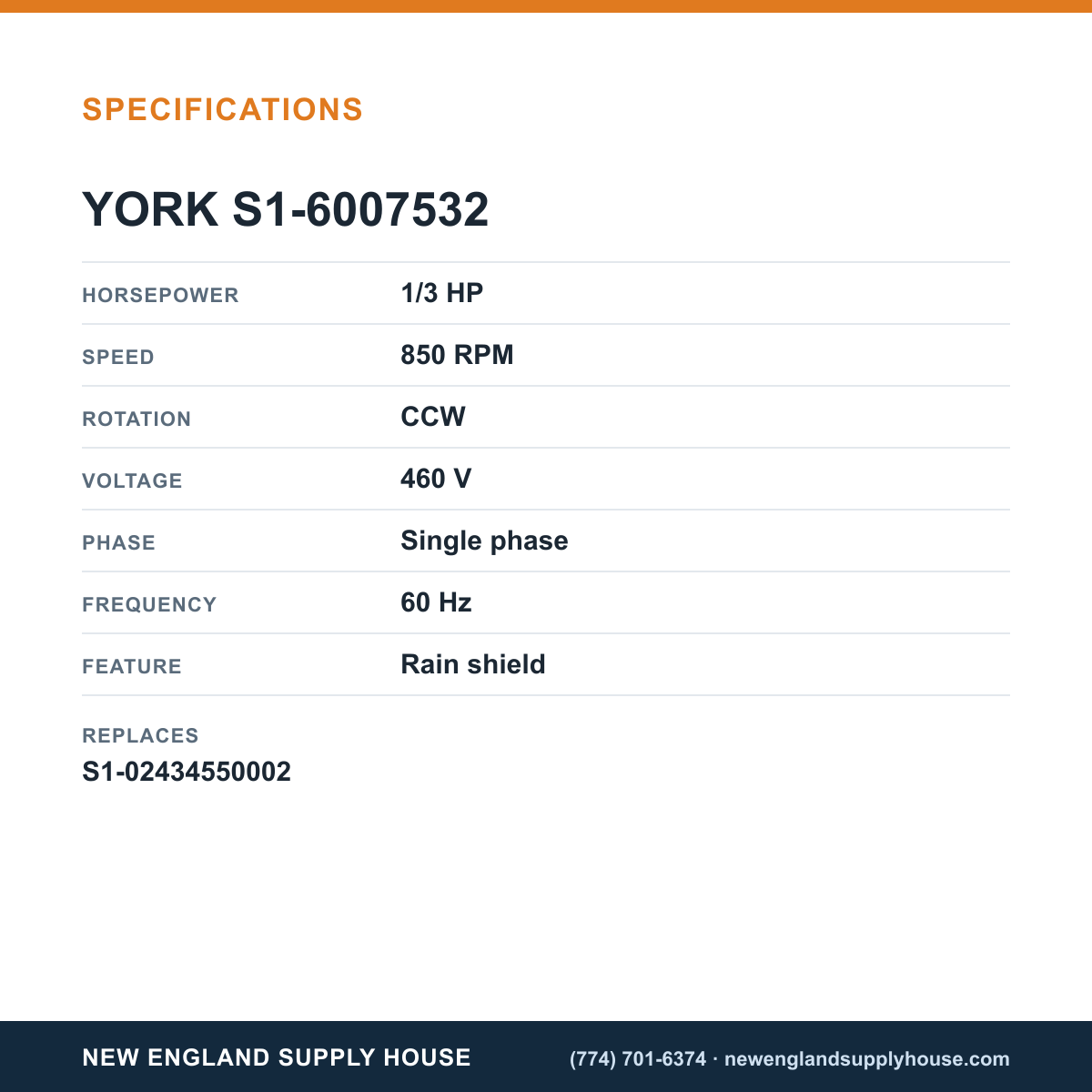 York Parts S1-6007532 Condenser Fan Motor specifications — New England Supply House [NESH-SPECTABLE-V1]