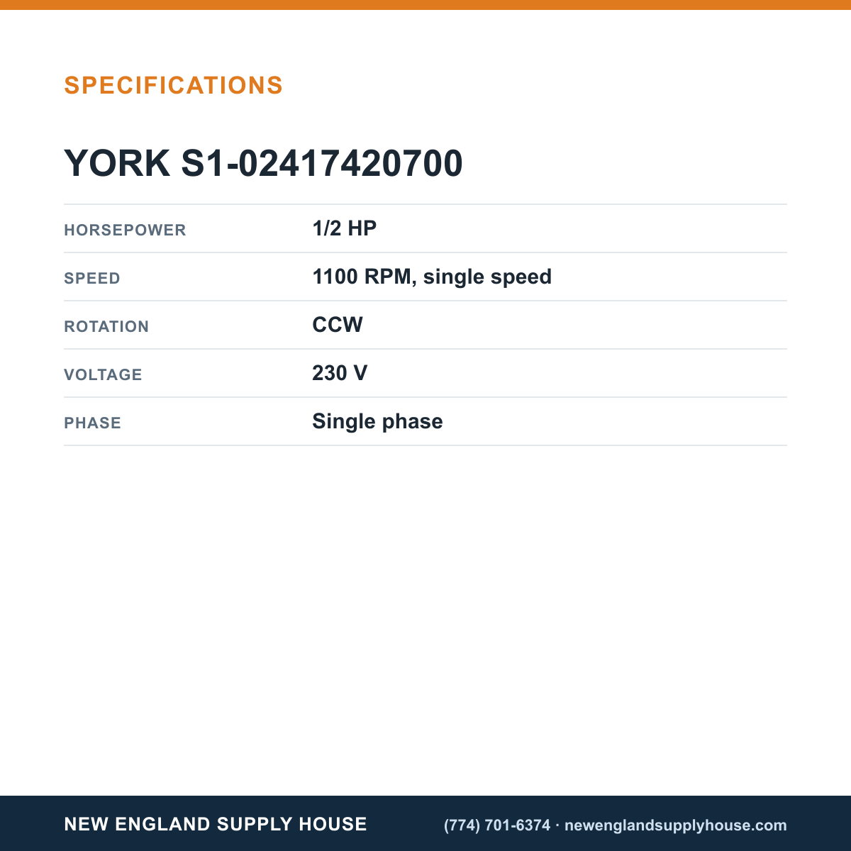 York Parts S1-02417420700 Fan Motor specifications — New England Supply House [NESH-SPECTABLE-V1]