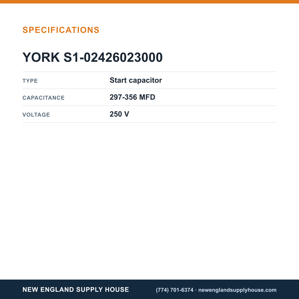 York Parts S1-02426023000 Capacitor specifications — New England Supply House [NESH-SPECTABLE-V1]