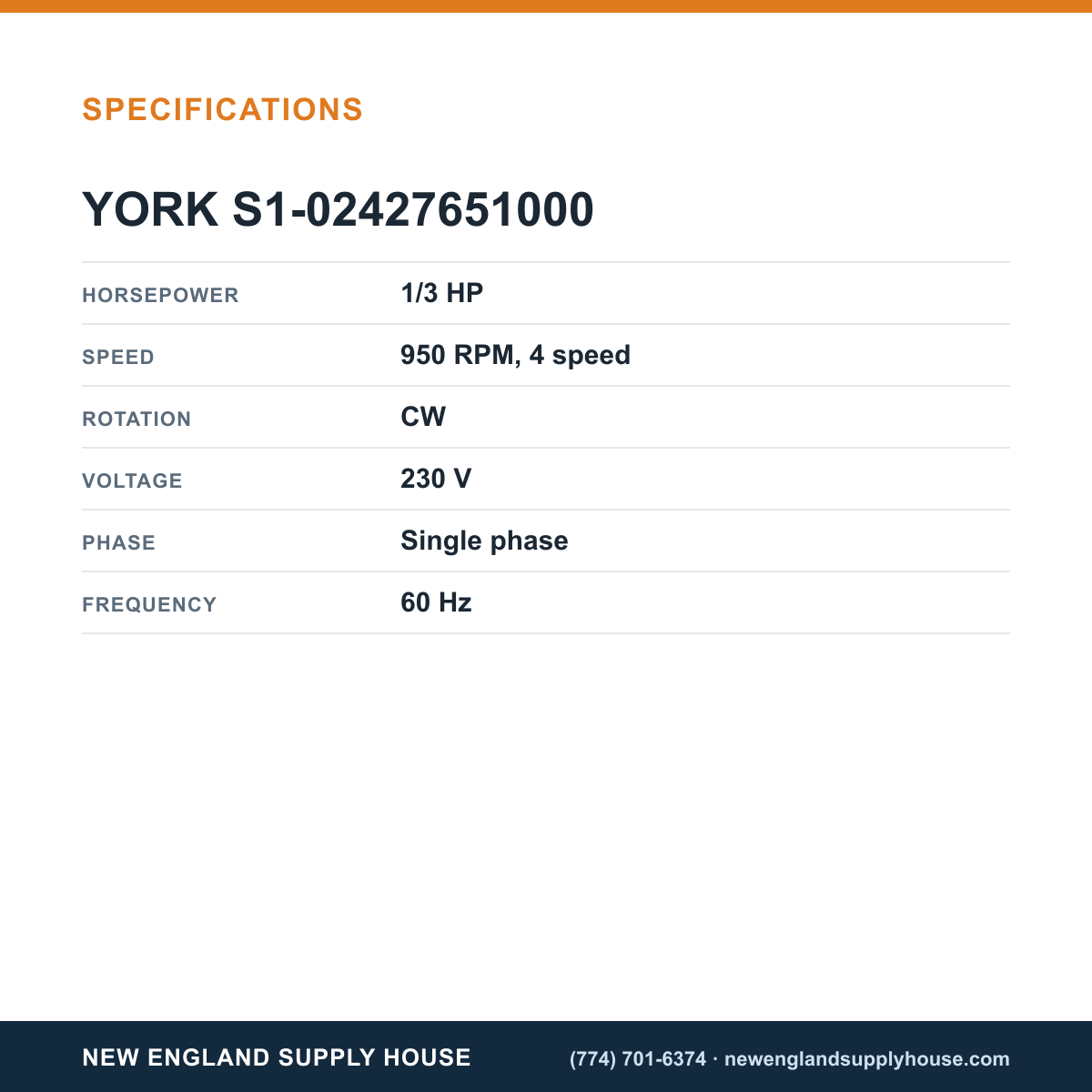 York Parts S1-02427651000 Blower Motor specifications — New England Supply House [NESH-SPECTABLE-V1]