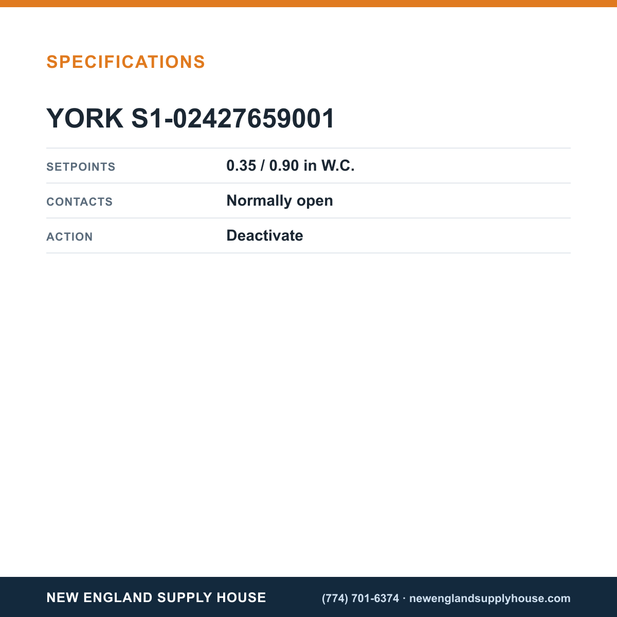 York Parts S1-02427659001 Pressure Switch specifications — New England Supply House [NESH-SPECTABLE-V1]