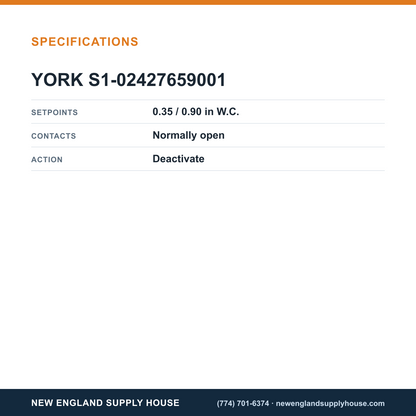York Parts S1-02427659001 Pressure Switch specifications — New England Supply House [NESH-SPECTABLE-V1]