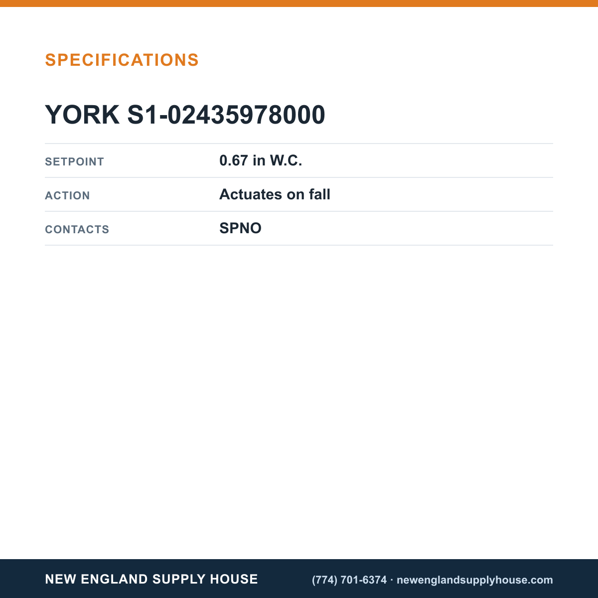 York Parts S1-02435978000 Pressure Switch specifications — New England Supply House [NESH-SPECTABLE-V1]
