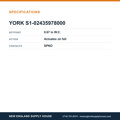York Parts S1-02435978000 Pressure Switch specifications — New England Supply House [NESH-SPECTABLE-V1]