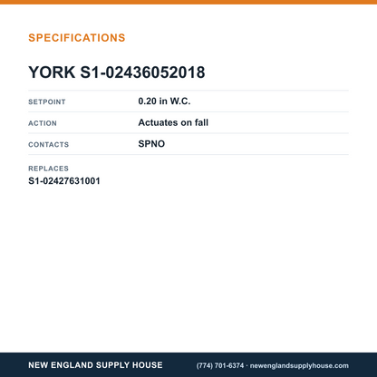 York S1-02436052018 Pressure Switch specifications — New England Supply House [NESH-SPECTABLE-V1]