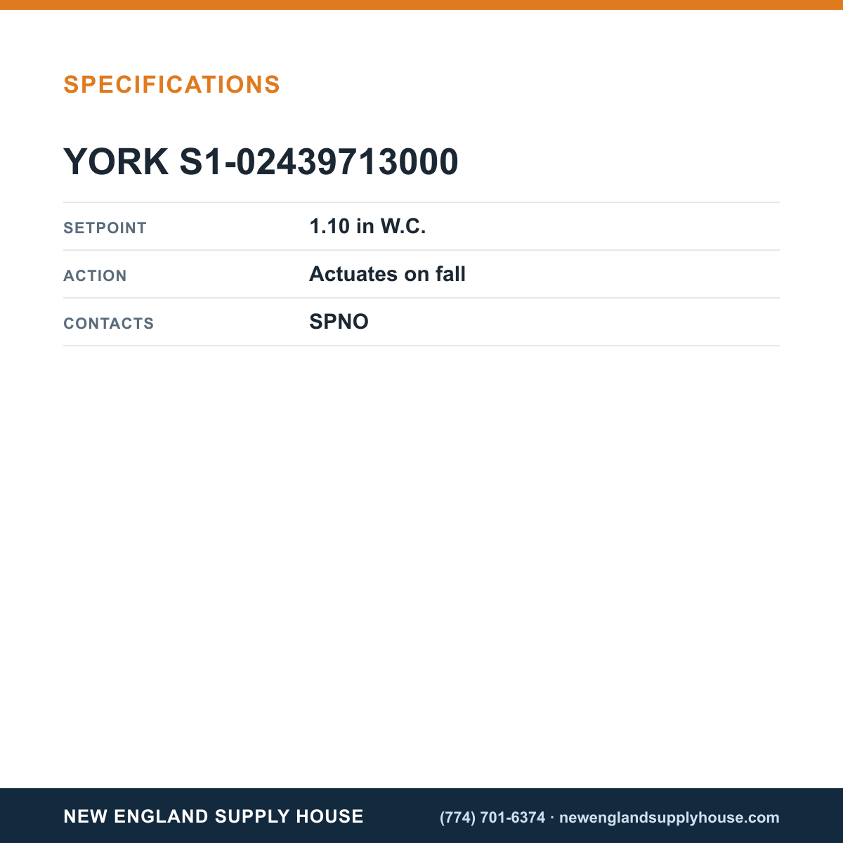 York Parts S1-02439713000 Air Pressure Switch specifications — New England Supply House [NESH-SPECTABLE-V1]