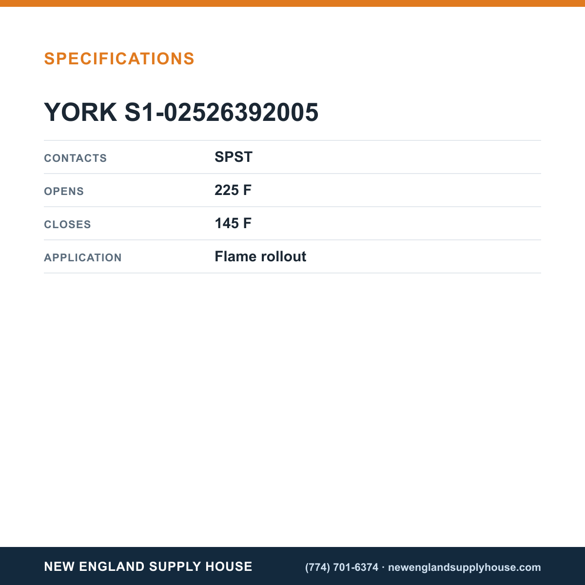 York S1-02526392005 Rollout Switch specifications — New England Supply House [NESH-SPECTABLE-V1]