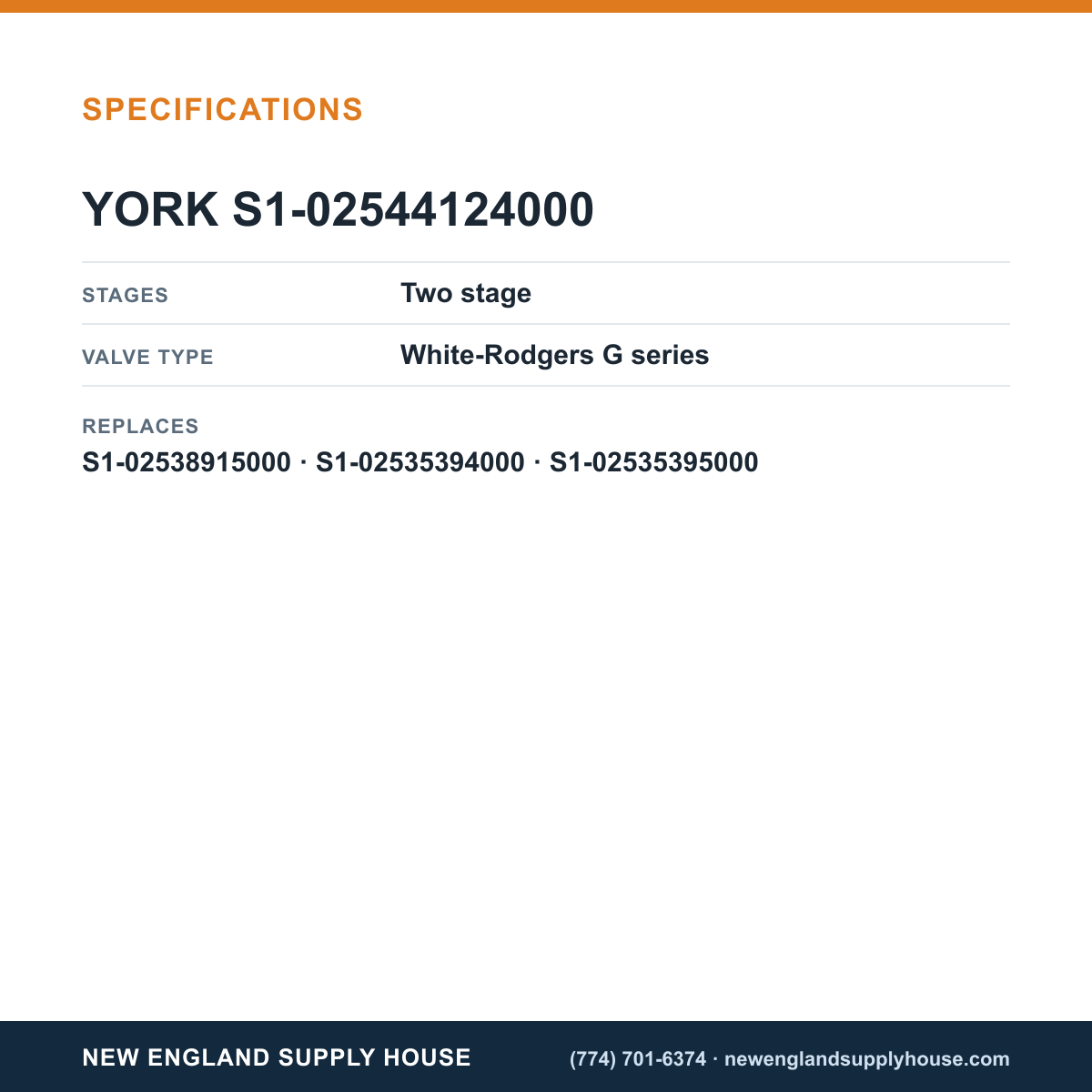 York Parts S1-02544124000 Gas Valve specifications — New England Supply House [NESH-SPECTABLE-V1]