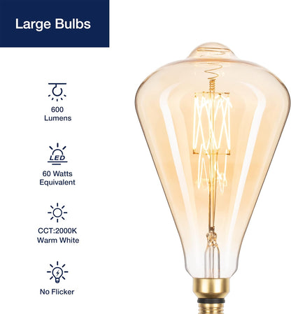 Vintage Oversized LED Edison Bulbs 60W Equivalent, Decorative Dimmable LED M-Type Filaments Bulbs with Amber Glass, 2000K Warm White, E26 Base, 7W, 600LM, ST164