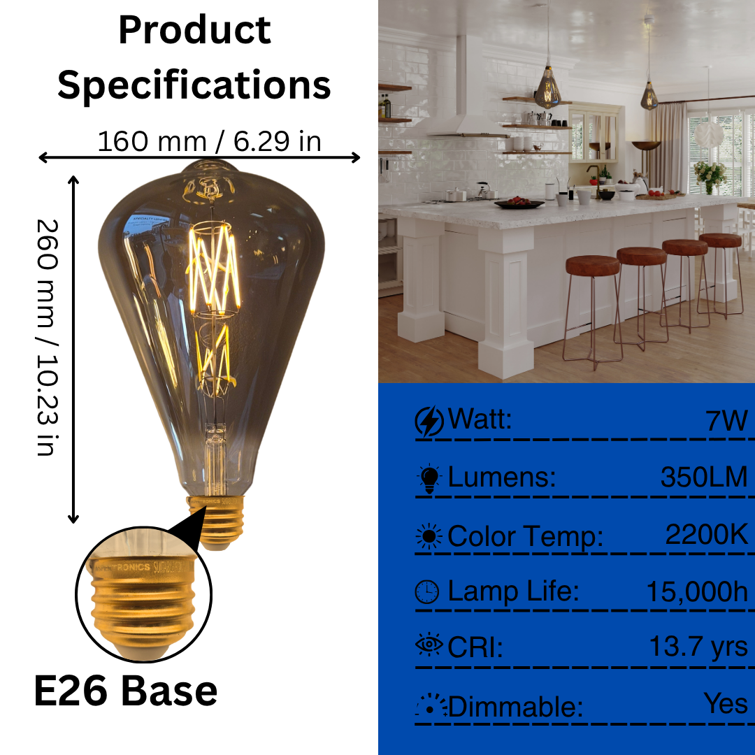 Vintage Oversized LED Edison Bulbs 40W Equivalent, Decorative Dimmable LED M-Type Filaments Bulbs with Smoke Glass, 2200K Warm White, E26 Base, 7W, 350LM, ST164