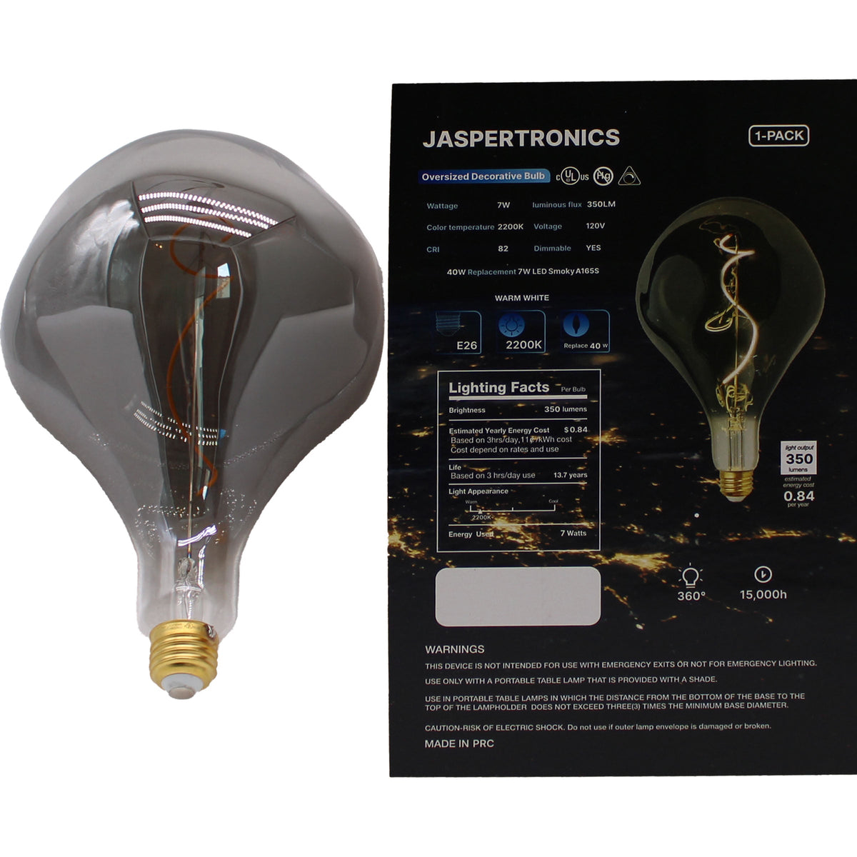 A165S Oversized Vintage LED Edison Bulb, Smoke Decorative E26 Dimmable 7W, 350 Lumens, Warm White 2200K, 1 Pack