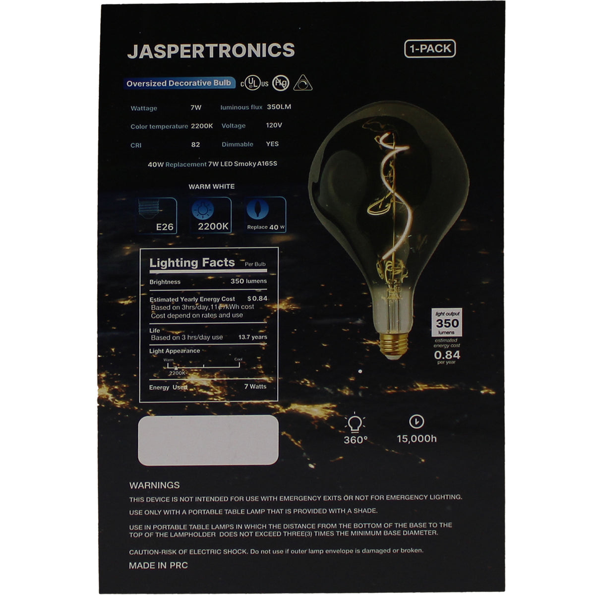 A165S Oversized Vintage LED Edison Bulb, Smoke Decorative E26 Dimmable 7W, 350 Lumens, Warm White 2200K, 1 Pack