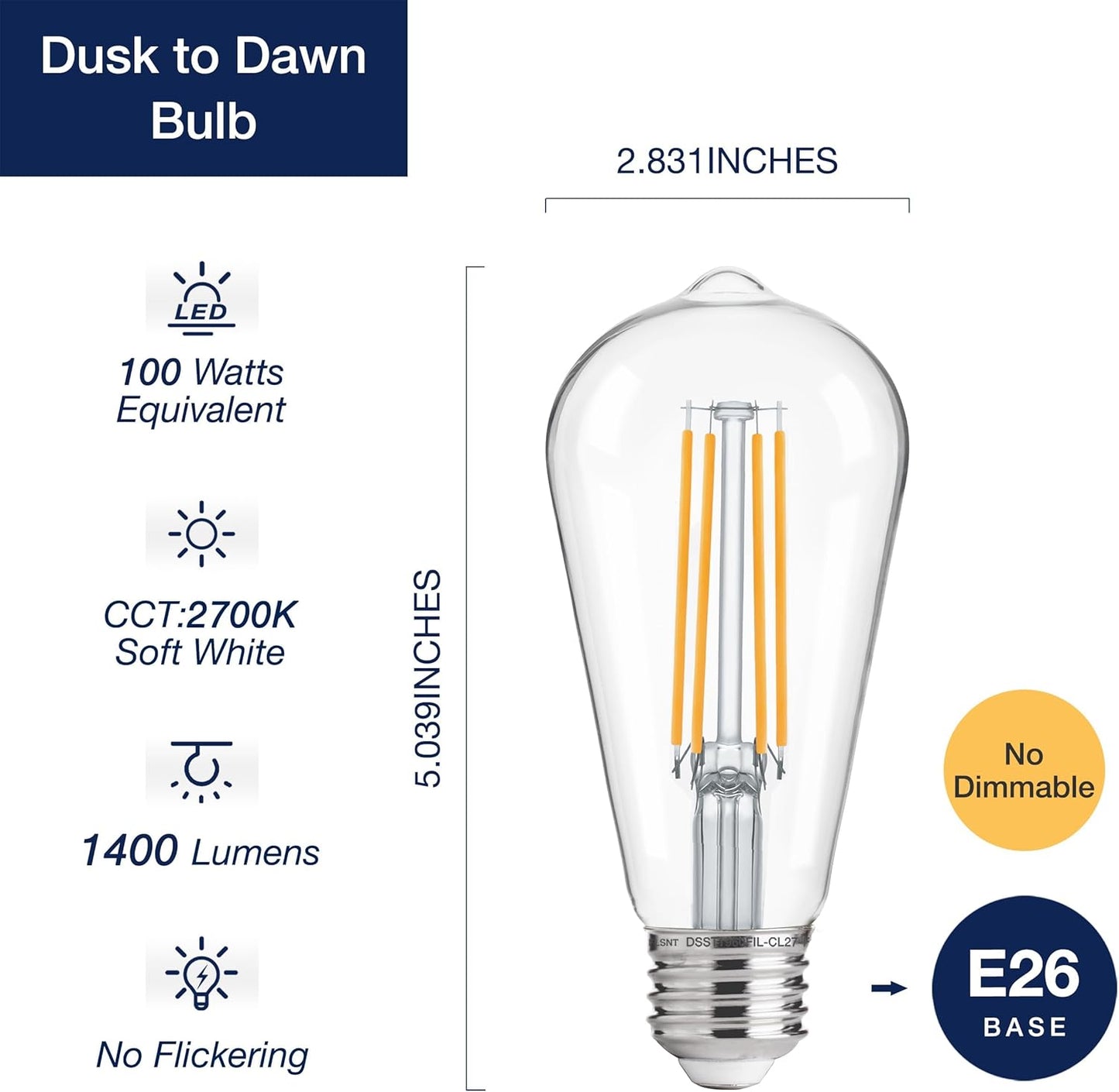 Dusk to Dawn Outdoor Sensor ST19 LED Light Bulb, 8W (100W Eqv.), 1400LM,Vintage Filament E26 Base, Auto On/Off Photocell Automatic for Energy-Efficient Outdoor Lighting, 2700K Warm White, 2Pack