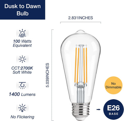Dusk to Dawn Outdoor Sensor ST19 LED Light Bulb, 8W (100W Eqv.), 1400LM,Vintage Filament E26 Base, Auto On/Off Photocell Automatic for Energy-Efficient Outdoor Lighting, 2700K Warm White, 2Pack