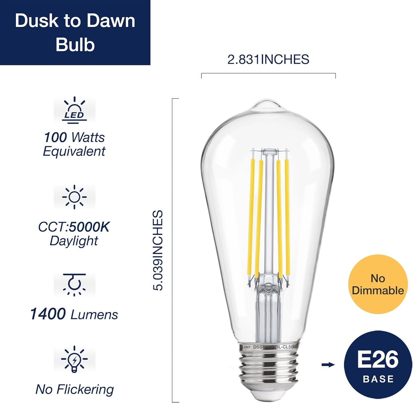 Dusk to Dawn Outdoor Sensor ST19 LED Light Bulb, 8W (100W Eqv.), 1400LM,Vintage Filament E26 Base, Auto On/Off Photocell Automatic for Energy-Efficient Outdoor Lighting, 5000K Soft White, 2Pack