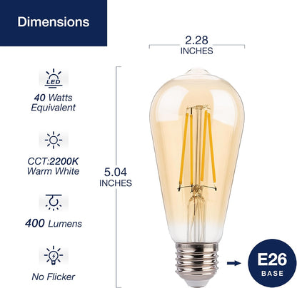 ST19 LED Edison Bulbs - 2200K Warm White, Amber Glass, 4W (40W Equivalent), Dimmable, CRI90+, 400LM, E26 Base, Energy-Efficient Vintage Light for Pendant Fixtures & Indoor Use - 4 Pack