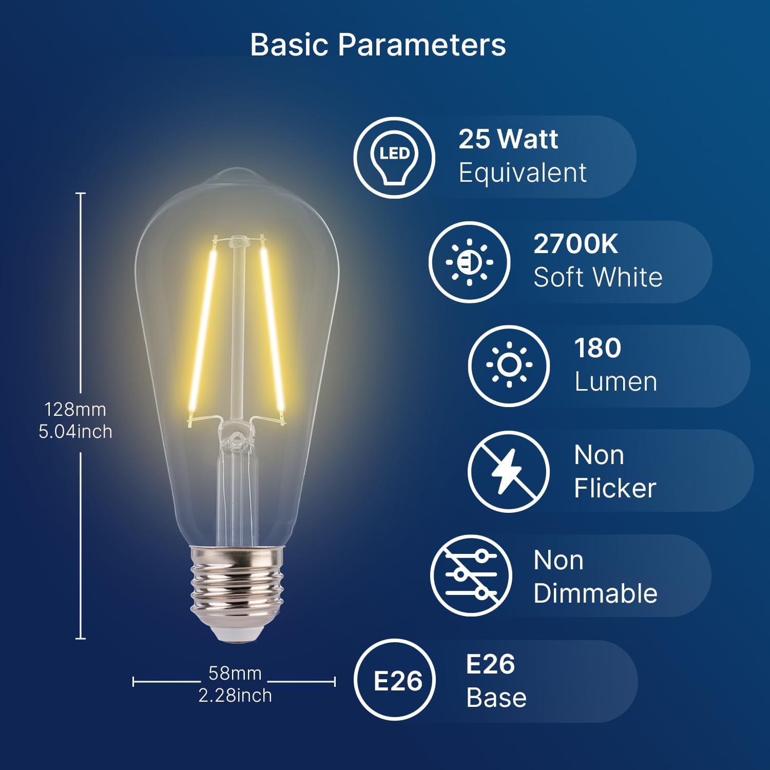 ST19 LED Edison Bulbs for String Lights - 2700K Soft White, 2W (25W Equivalent), 180LM, E26 Base, Non-Dimmable, Energy-Efficient Outdoor Lighting for Patio, Garden, Gazebos & Events - 4 Pack