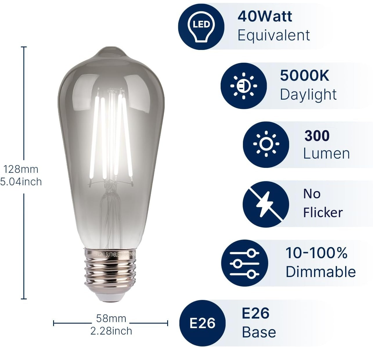ST19 LED Edison Bulbs - 5000K White Light, Dimmable, Smoky Grey Glass, 4W (40W Equivalent), CRI82+, 300LM, E26 Base, Energy-Efficient Decorative Lighting for Pendant Fixtures - 4 Pack
