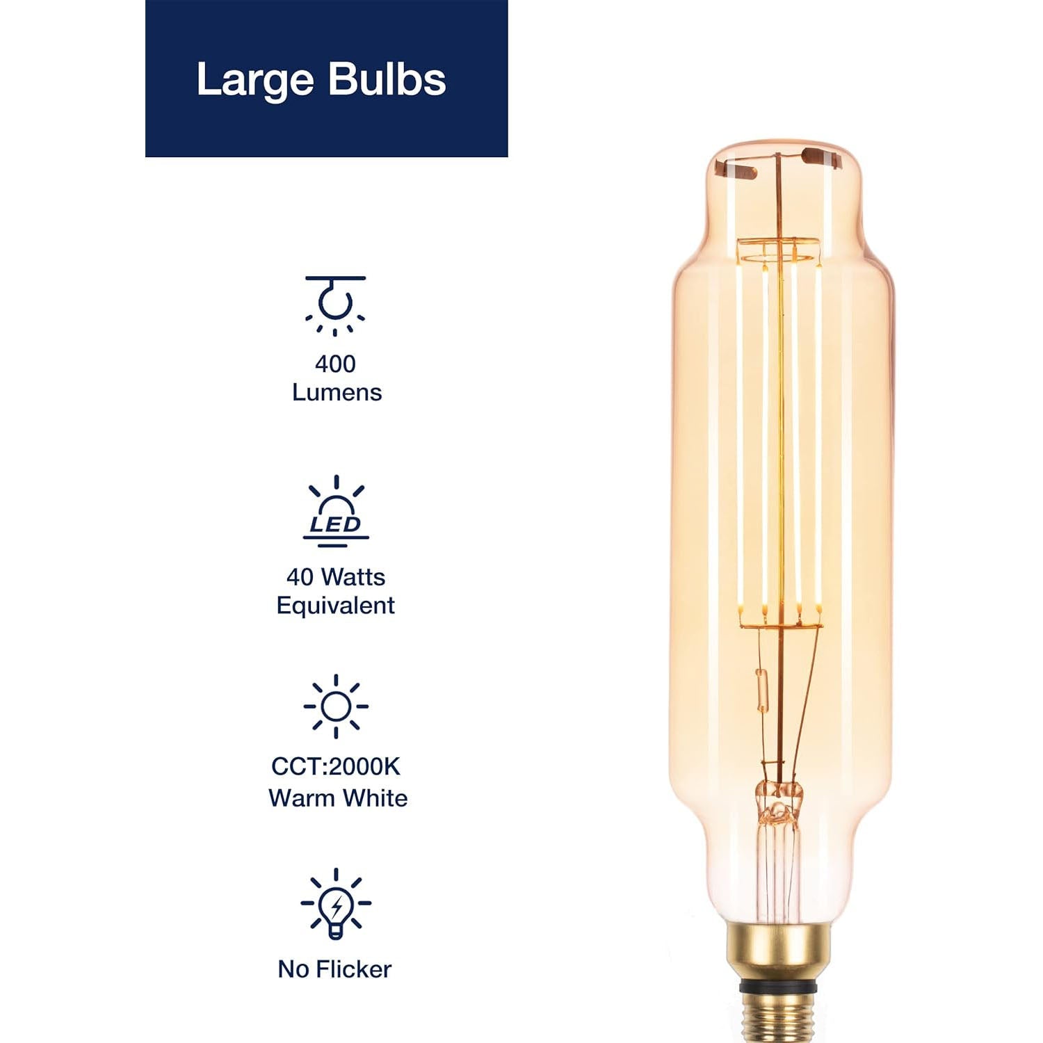 Vintage Large LED Edison Bulbs 40W Equivalent, Decorative Dimmable Tube LED Bulbs with Amber Glass, 2000K Warm White, E26 Base, 7W 400LM, 82 High CRI, TT80/T24