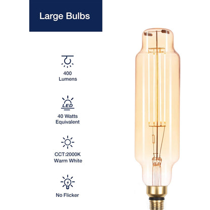Vintage Large LED Edison Bulbs 40W Equivalent, Decorative Dimmable Tube LED Bulbs with Amber Glass, 2000K Warm White, E26 Base, 7W 400LM, 82 High CRI, TT80/T24