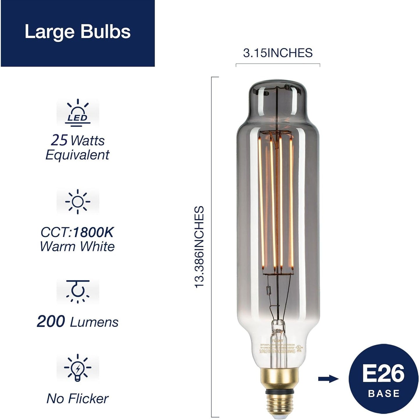 Vintage Large LED Edison Bulbs 25W Equivalent, Decorative Dimmable Tube LED Bulbs with Smoke Glass, 1800K Warm White, E26 Base, 7W 200LM, 82 High CRI, TT80/T24