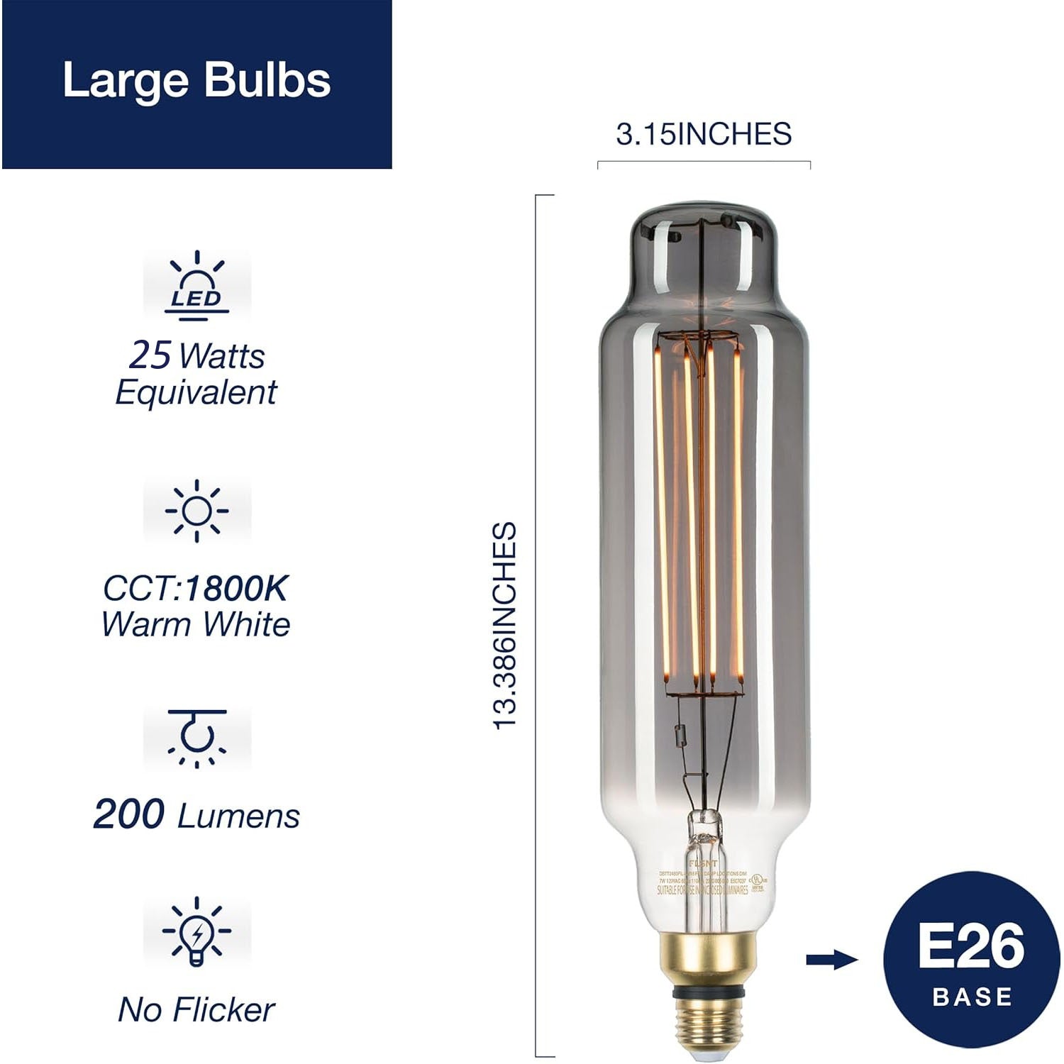 Vintage Large LED Edison Bulbs 25W Equivalent, Decorative Dimmable Tube LED Bulbs with Smoke Glass, 1800K Warm White, E26 Base, 7W 200LM, 82 High CRI, TT80/T24