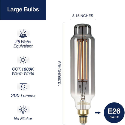 Vintage Large LED Edison Bulbs 25W Equivalent, Decorative Dimmable Tube LED Bulbs with Smoke Glass, 1800K Warm White, E26 Base, 7W 200LM, 82 High CRI, TT80/T24